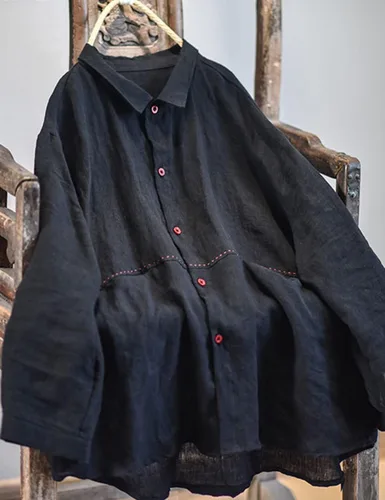 Vista 5 de NFYM Camisa de lino y lino con botones para mujer, hecha a mano, manga larga, ajuste holgado, cuello con bolsillo