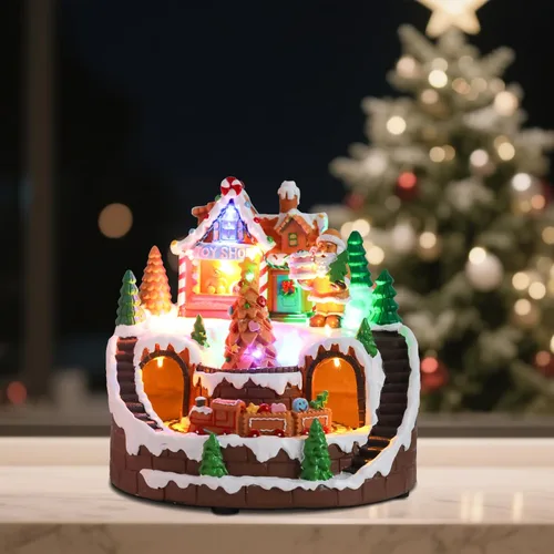 Vista 6 de WONDER GARDEN Casas de Pueblo de Navidad, Casa de Jengibre Iluminada Musicalmente con Edificios Navideños Coleccionables y Tren en Movimiento
