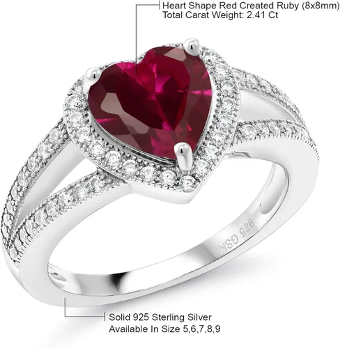 Vista 5 de Gem Stone King Anillo de plata de ley 925 con rubí creado rojo y moissanita creada para mujer