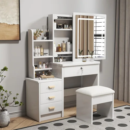 Vista 25 de Montary Mesa de tocador de maquillaje de 39 pulgadas con espejo iluminado con pantalla táctil, tocador de madera de goma con cajón grande
