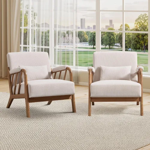Vista 12 de INZOY Silla con acento moderno de mediados de siglo con marco de madera, sillas tapizadas para sala de estar con cojín lumbar, silla de lectura