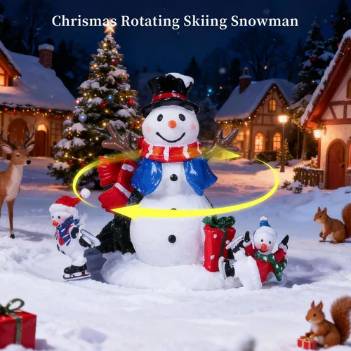 Vista 7 de Figuras musicales animadas de pueblo navideño de 6.3 pulgadas con muñeco de nieve giratorio de esquí y luces, temporizador automático de 6 horas