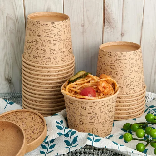 Vista 4 de LITOPAK Paquete de 50 recipientes de papel de 12 onzas con tapas ventiladas, vasos de papel kraft para alimentos, recipientes de sopa con tapas