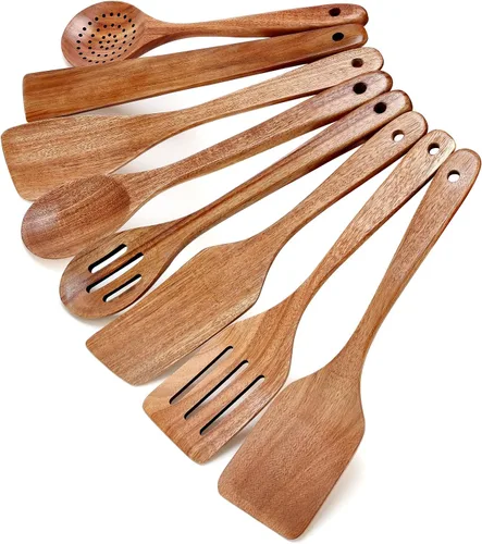 Vista 22 de Espátula de madera de acacia para cocinar cuchara no tóxica juego de 4 piezas