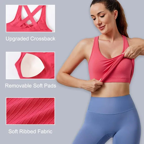 Vista 3 de Evercute Camiseta sin mangas de yoga para mujer, con tirantes cruzados, brasier integrado, acanalado, sin costuras, de alto impacto