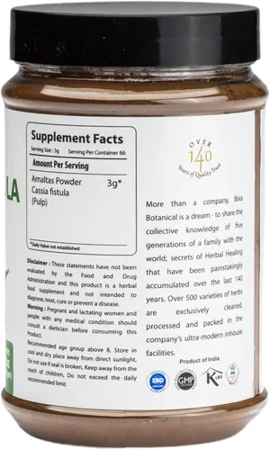 Vista 2 de bixa BOTANICAL Cassia Fístula en polvo (Amaltas) - Suplemento de hierbas ayurvédicas 7 onzas Sin gluten, sin OMG, tratado al vapor, vegano, 100%
