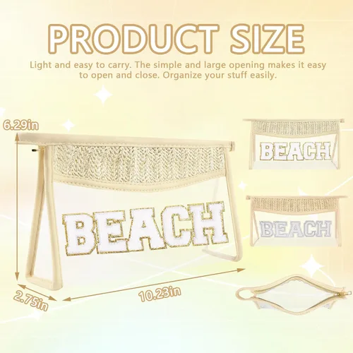 Vista 2 de Iqimott 2 bolsas de maquillaje con parches transparentes, bolsa de letras boho para nadar en la playa, bolsas de maquillaje impermeables