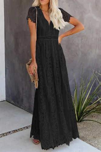 Vista 3 de PRETTYGARDEN - Vestido largo de encaje floral para mujer, manga corta, cuello en V, vestidos de fiesta para boda y para la noche