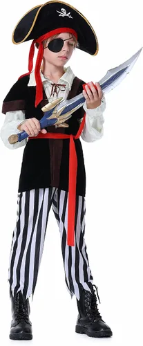 Vista 3 de Disfraz de pirata para niños con sombrero de pirata, parche de ojos, disfraz de pirata para niños, disfraz de cosplay para Halloween, fiesta
