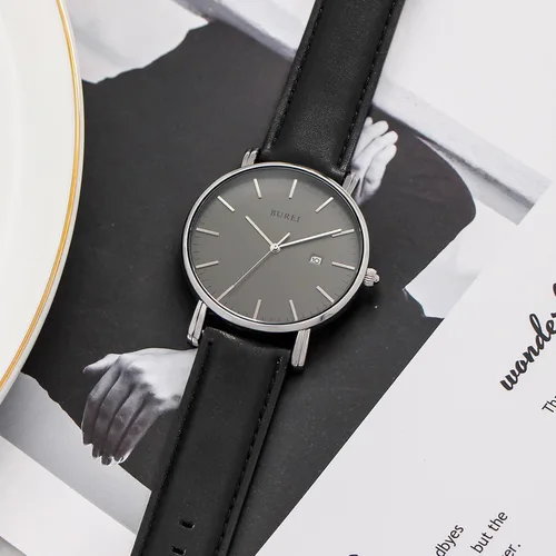 Vista 4 de BUREI - Reloj de pulsera analógico para hombre con fecha y correa de piel