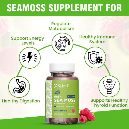 Vista 3 de Safrel Gomitas de musgo marino irlandés de 3000 mg con raíz de vejiga y bardana, energía tiroidea y apoyo inmunológico, sabor vegano a frambuesa, 60