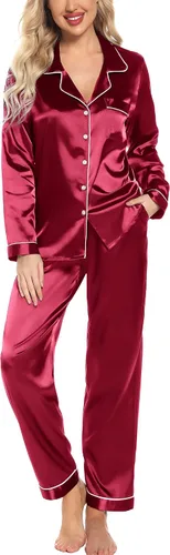 Vista 4 de Leikar Pijama de seda de manga larga para mujer, conjunto de pijama suave con botones