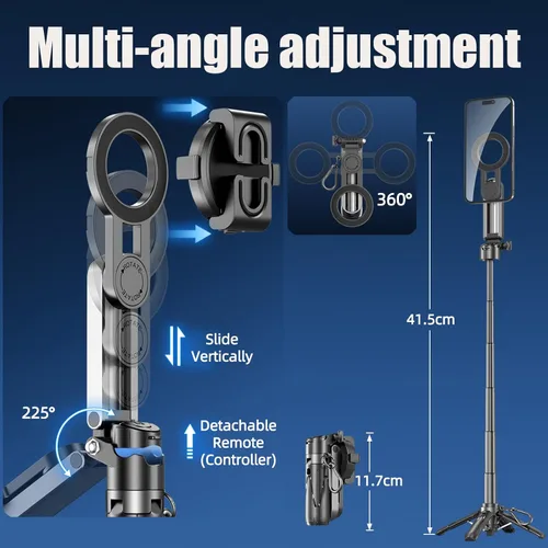Vista 3 de Trípode magnético 4 en 1 con bolsillo para selfie Stick que se extiende hasta 1.5 pies (18.7 in) soporte para teléfono celular, mango de agarre