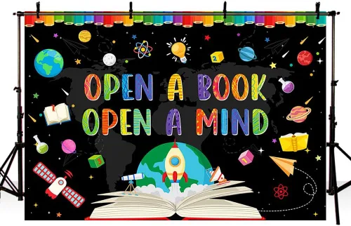Vista 4 de AIBIIN Telón de fondo para fotografía del Día Mundial del Libro de 7 x 5 pies para fotografía Abrir un libro Abrir una mente Niños Estudiantes Aula