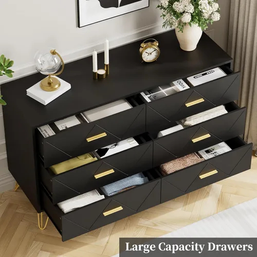 Vista 5 de JOZZBY Cómoda para dormitorio, cómoda de madera negra de 6 cajones con asas doradas, cómodas de almacenamiento modernas y cómodas para pasillo