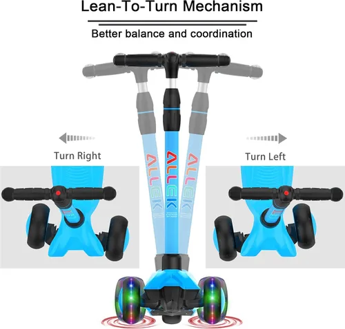 Vista 6 de Allek - Kick Scooter B03. Monopatín de 3 ruedas con ruedas de PU extra anchas y luminosas, sistema Lean 'N Glide, manillar ajustable a cualquier