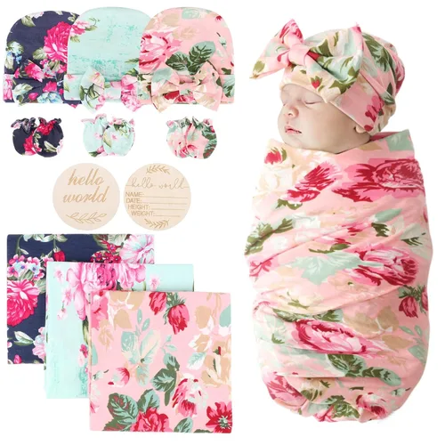 Vista 29 de DRESHOW BQUBO - Conjunto de gorro de algodón para bebé, manta para recién nacido, con orejas de oso, tarjeta de anuncio de nacimiento de madera
