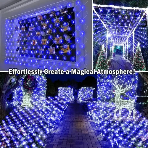 Vista 4 de KNONEW Red de luces de Navidad de 420 luces LED de 13 pies x 6.6 pies, luces de malla para exteriores, conectables, impermeables, 8 modos