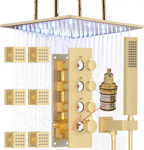 Vista 9 de HOMEDEC Sistema de ducha de lluvia LED de 16 pulgadas, válvula desviadora termostática de 3 vías con 6 pulverizadores corporales, todas las Negro