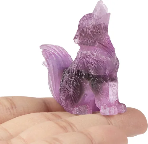 Vista 4 de Figura decorativa de lobo de cola grande de amatista de 2.0 pulgadas, piedras curativas, escultura tallada, adornos de lobo de cristal con caja