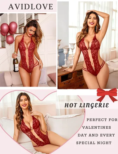 Vista 2 de Avidlove - Body de lencería de una pieza para mujer, diseño de encaje sexy con escote en V profundo, baby doll, tallas XS a XXXL