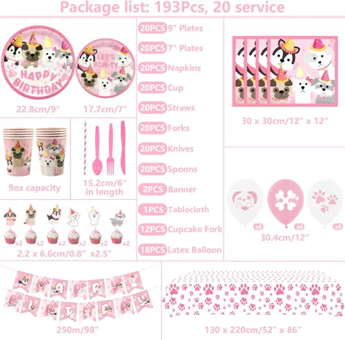 Vista 2 de Decoraciones de fiesta de perro – Suministros de fiesta de cumpleaños de perro para niña, platos de cachorro rosa, vasos, servilletas, mantel