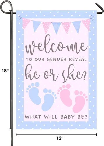 Vista 10 de Bandera de jardín de 12 x 18 pulgadas, bandera rosa y azul de doble cara, bandera de revelación de género para niño o niña, huella de bebé, pancarta