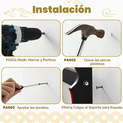 Vista 7 de Barydat - Soporte de pared para espada katana de 3 niveles, color negro