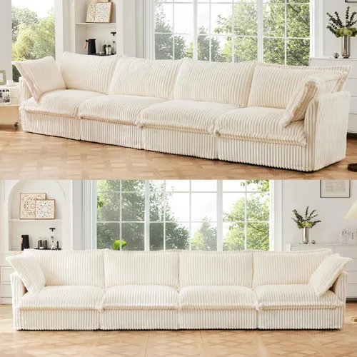 Vista 8 de KEIKI Sofá modular de pana de 83 pulgadas, cómodo juego de sofá nube blanco con 2 almohadas, moderno sofá de asiento con cojines profundos y suaves