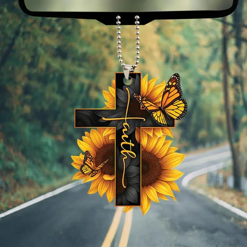 Vista 5 de Talataca Fe Girasol Dios Jesús Cruz Cristiana Mariposa 2D Espejo Retrovisor de Coche Plano Accesorios Adorno Árbol de Navidad Decoración Colgante