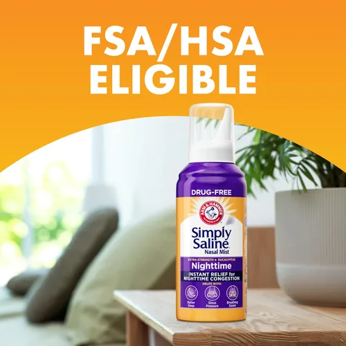 Vista 6 de ARM & HAMMER Simply Saline Spray Nocturno Sin Medicamentos para la Congestión Nasal por la Noche, Extra Fuerte, Eucalipto Calmante, Seguro de Usar