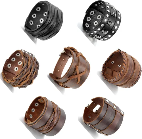 Vista 5 de Brazaletes de cuero trenzado ajustable Aroncent con botón a presión, estilo rockero o motociclista - 2-4