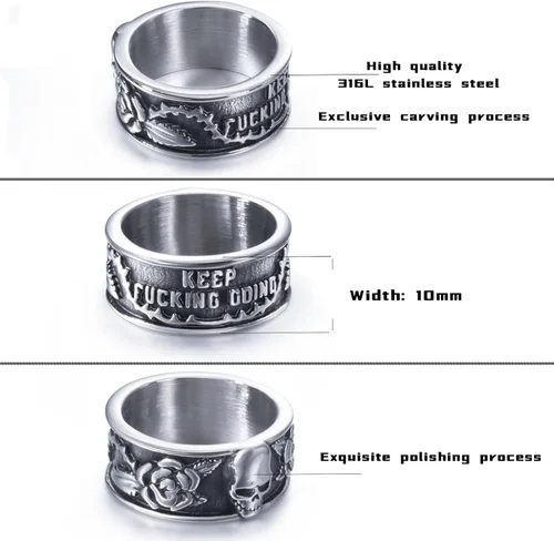 Vista 17 de Anillos de calavera gótica vintage para hombres y mujeres, acero inoxidable, ónix negro, anillo de póquer, anillo de esqueleto plateado