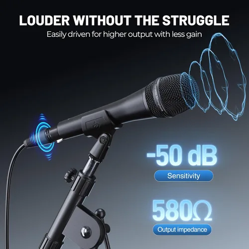 Vista 4 de Phenyx Pro Micrófono vocal, micrófono dinámico supercardioide con cable XLR de 16.4 pies, clip de micrófono, bolsa de almacenamiento, micrófono