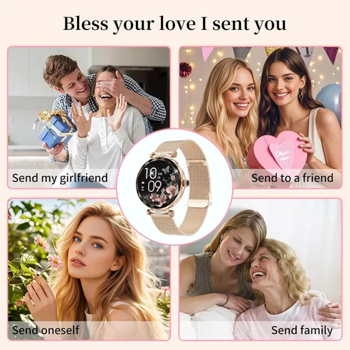 Vista 4 de Reloj inteligente para mujer Android/iOS, IP68, impermeable, con llamadas Bluetooth, recordatorio menstrual femenino (2 correas doradas)
