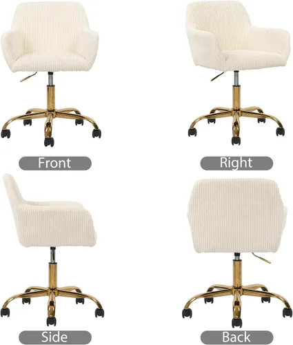 Vista 6 de KCC Silla de Tocador de Maquillaje de Tela de Pana, Sillón Giratorio Esponjoso Moderno con Ruedas, Tapizada Mullida de Altura Ajustable para Niñas