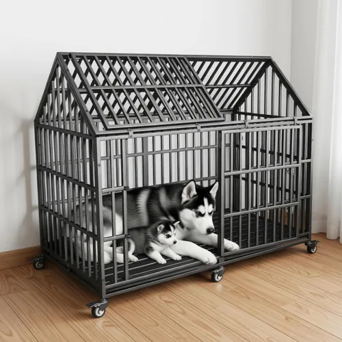 Vista 8 de Jaula resistente para perros de 54 pulgadas, jaula para perros gigantes extra grandes con 2 puertas, ruedas con bloqueo, bandejas extraíbles, acceso