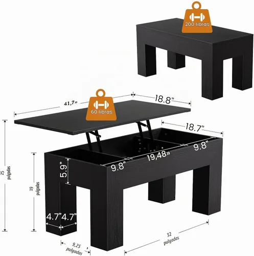 Vista 2 de FABATO - Mesa auxiliar rectangular elevable de 41.7 pulgadas, compartimento oculto, color negro Mesa de centro moderna de madera, mesa central