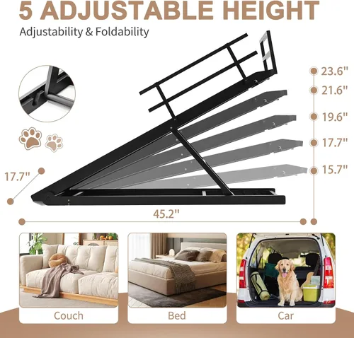 Vista 3 de SLSY Rampa para perros para cama, sofá y SUV, rampa plegable ajustable mejorada para mascotas con alfombrilla de goma antideslizante, 45.2 pulgadas