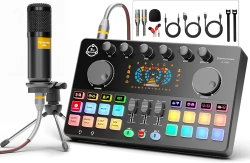 Vista 8 de Paquete de equipo de podcast, interfaz de audio RGB con micrófono de condensador de estudio de 0.138 in, soporte de trípode para PC, teléfono