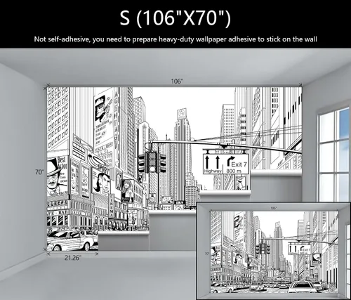 Vista 4 de Papel pintado en blanco y negro de la ciudad de Nueva York, mural de pared pintado a mano Times Square para decoración de sala de estar, dormitorio