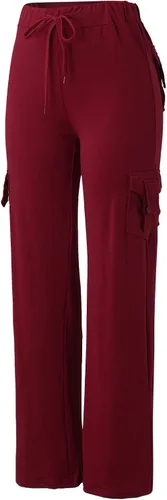 Vista 4 de Pantalones cargo para mujer, talla grande, color sólido, cintura media, pierna ancha, casual, ajuste holgado, pantalones deportivos con bolsillos