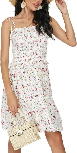 Vista 4 de Vestido de verano para mujer, con tirantes delgados, sin tirantes, con volantes, parte superior de tubo para playa