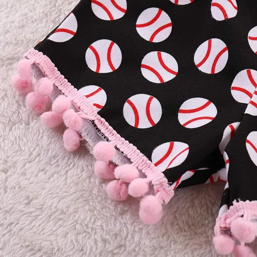 Vista 6 de Conjunto de ropa de dos piezas con estampado de hermanas de béisbol y camisetas + pantalones cortos con borlas, para bebé