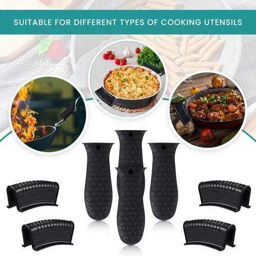 Vista 6 de Patelai Juego de 8 piezas de soportes para ollas de silicona, cubierta para mango de hierro fundido, resistente al calor, soportes para mango