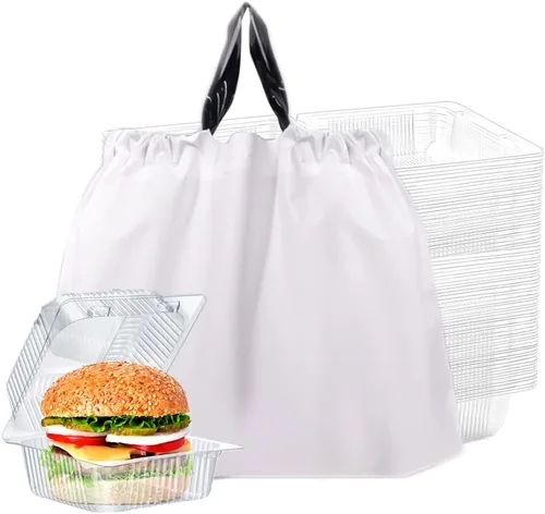 Vista 12 de 50 bolsas de plástico con asas resistentes al agua, resistentes para llevar, bolsa de transporte para alimentos, para restaurantes, comestibles
