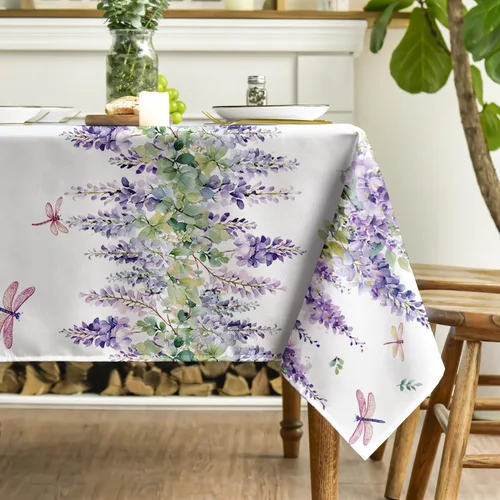 Vista 3 de Horaldaily Mantel rectangular de 52×70 pulgadas, morado lavanda Cubierta de mesa lavable de temporada con hojas de libélula floral para cocina
