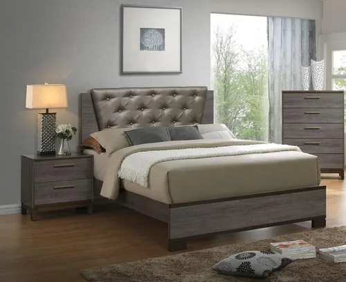 Vista 3 de NewCosmos Mesita de noche contemporánea de dos tonos gris antiguo, mueble de dormitorio, mesita de noche, centro de metal, tiradores de barra