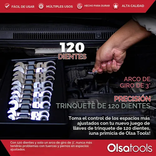 Vista 5 de Olsa Tools Juego de llaves de trinquete rechonchas, 12 piezas, cabezal flexible métrico, extremo de caja de 6 puntos, 120 dientes, funciona en 12