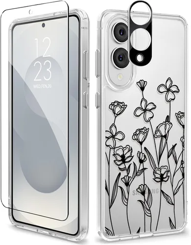 Vista 31 de GVIEWIN Funda protectora para Samsung Galaxy S25, transparente floral, delgada, a prueba de golpes, para mujer, no se pone amarilla, con protector